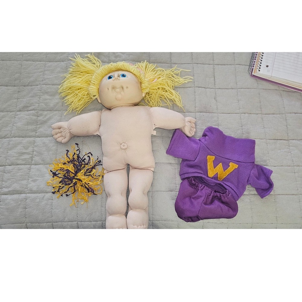 Vintage Cabbage Patch Kid Doll Yellow Yarn Hair Blue Eyes Purple Cheerleader 16"